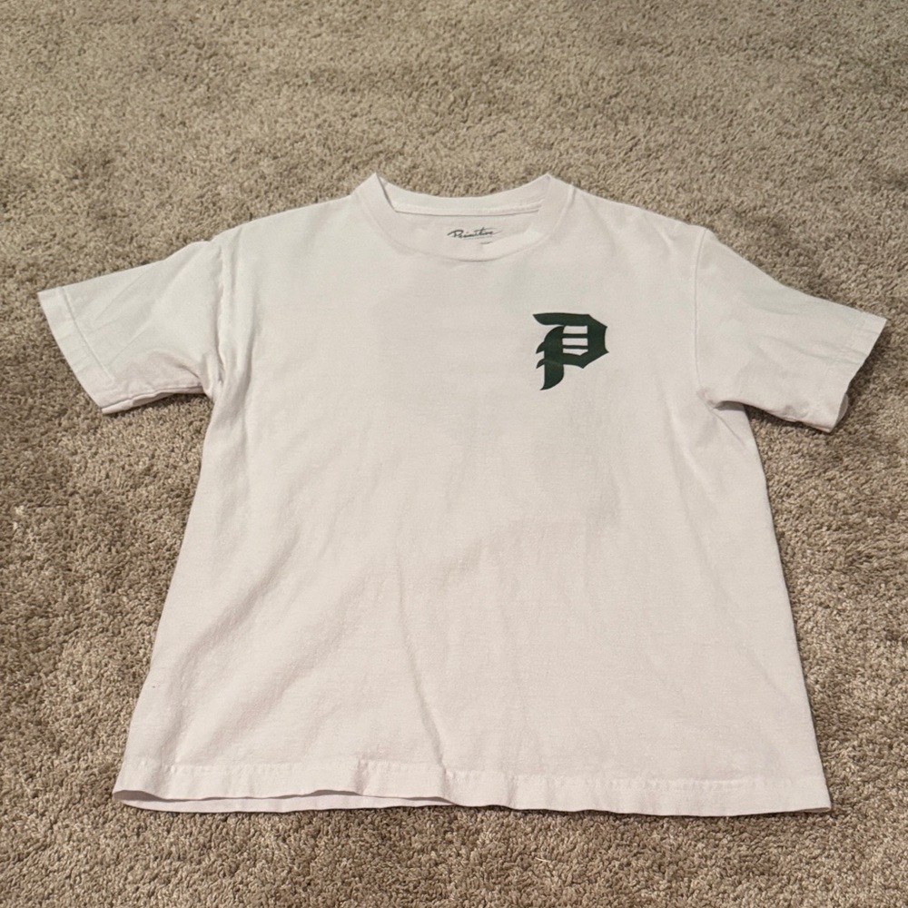 Primitive White Tee with Dark Green Logo